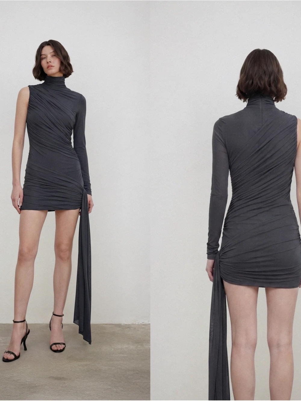 DEME OBSIDIA one sleeve ruched Women's Charcoal Ruched One-Sleeve Mini Dress M